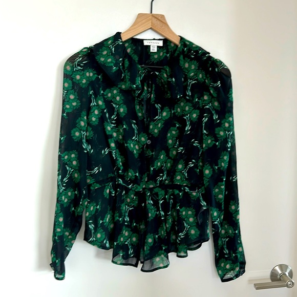 Topshop Blouse sheer black with green and pink flowers size 8 long sleeve - Picture 1 of 9